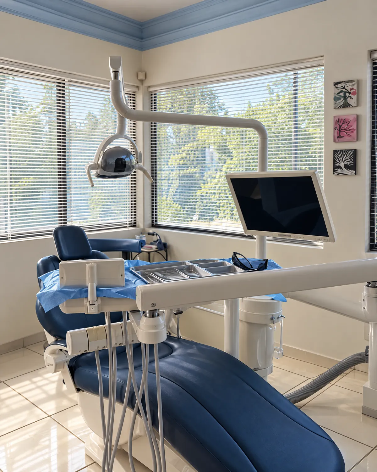 Sillón dental azul con lámpara y monitor, entre dos ventanas con persianas